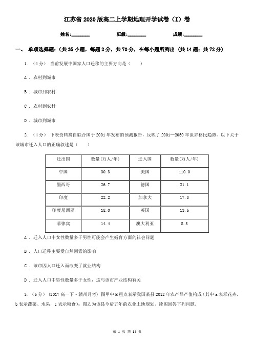 江苏省2020版高二上学期地理开学试卷(I)卷