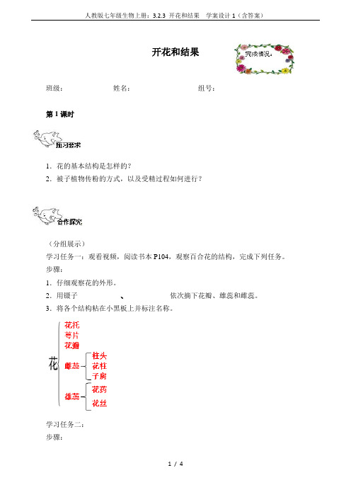 人教版七年级生物上册：3.2.3 开花和结果  学案设计1(含答案)