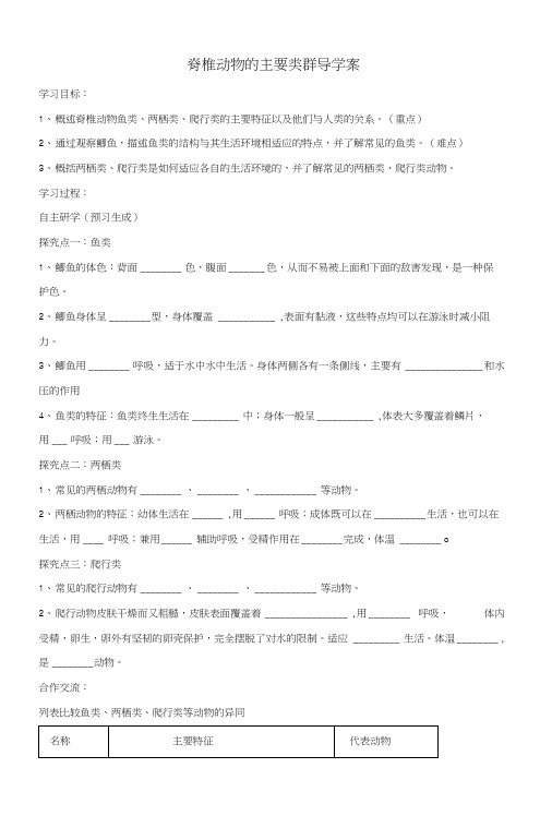 七年级生物上册2.2.2脊椎动物的主要类群导学案1(无答案)(新版)济南版.doc