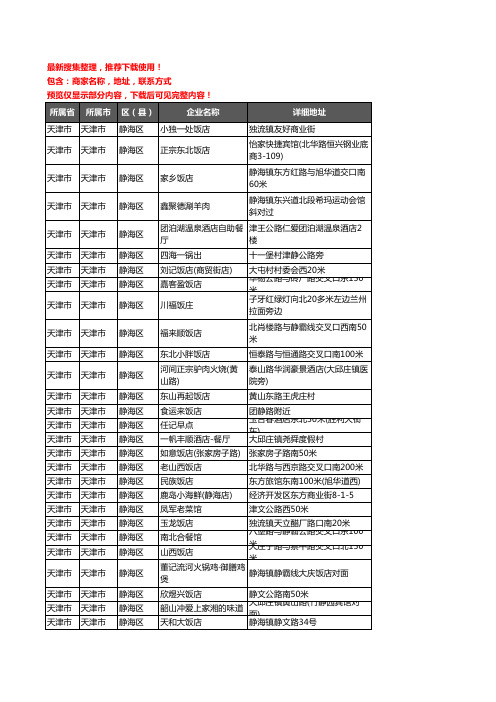 新版天津市天津市静海区酒店餐饮企业公司商家户名录单联系方式地址大全313家