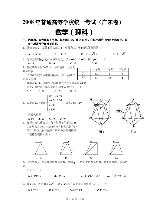 2008年普通高等学校招生全国统一考试数学卷(广东.理)含答案