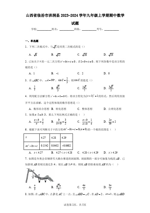 山西省临汾市洪洞县2023-2024学年九年级上学期期中数学试题