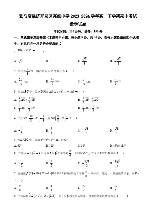 河南省驻马店经济开发区高级中学2023-2024学年高一下学期期中考试数学试题(含简单答案)