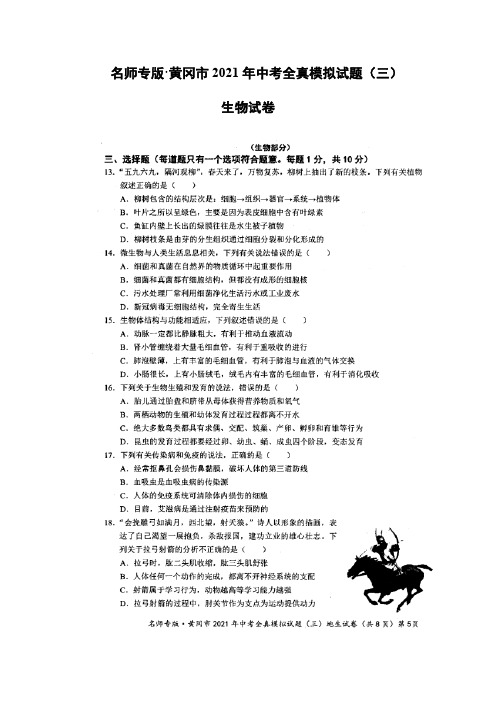 名师专版·2021年湖北省黄冈市中考全真模拟试题(三)生物试题及答案