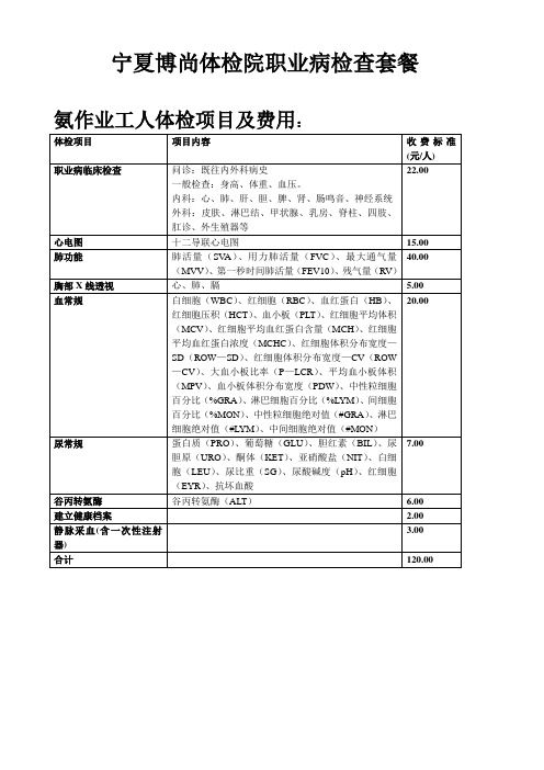 职业健康检查项目及价格