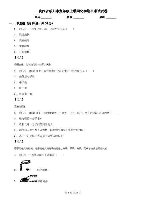 陕西省咸阳市九年级上学期化学期中考试试卷