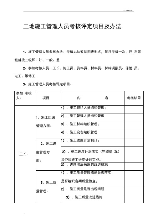 工地施工管理人员考核评定项目及办法