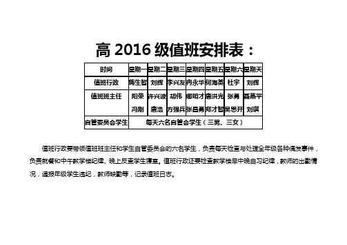 高2016级值班安排表