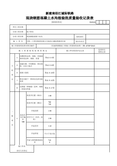 (路基防排水)现浇钢筋混凝土水沟检验批质量验收记录表