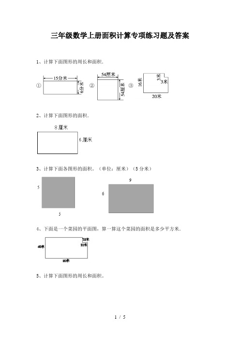 三年级数学上册面积计算专项练习题及答案