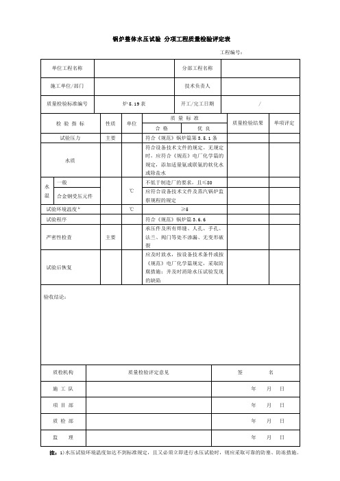 锅炉整体水压试验 分项工程质量检验评定表