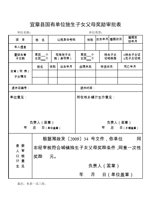 宜章县国有单位独生子女父母奖励审批表