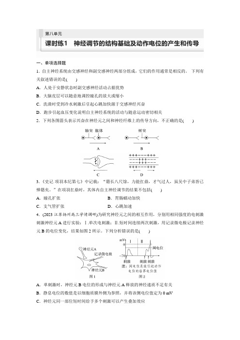 一轮复习练习 第8单元 课时练1 神经调节的结构基础及动作电位的产生和传导