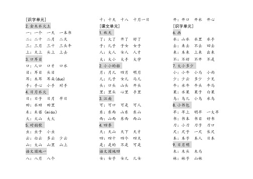 部编一年级上册语文《词语表》