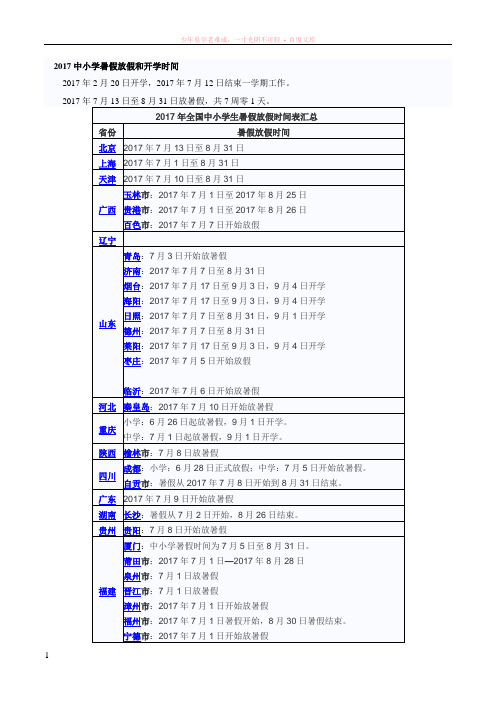 2017中小学暑假放假和开学时间