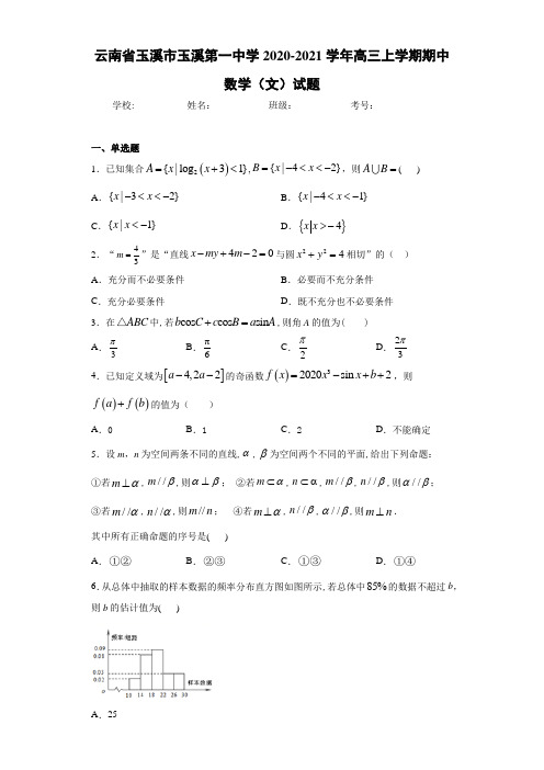 云南省玉溪市玉溪第一中学2020-2021学年高三上学期期中数学(文)试题