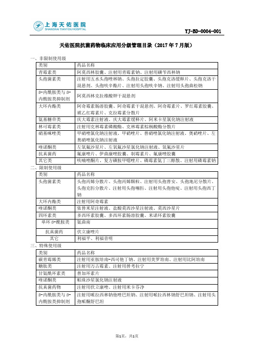 YJ-BD-0004-001天佑医院抗菌药物临床应用分级管理目录(2017年7月版)【403】