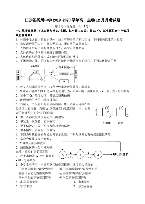 江苏省扬州中学2019_2020学年高二生物12月月考试题