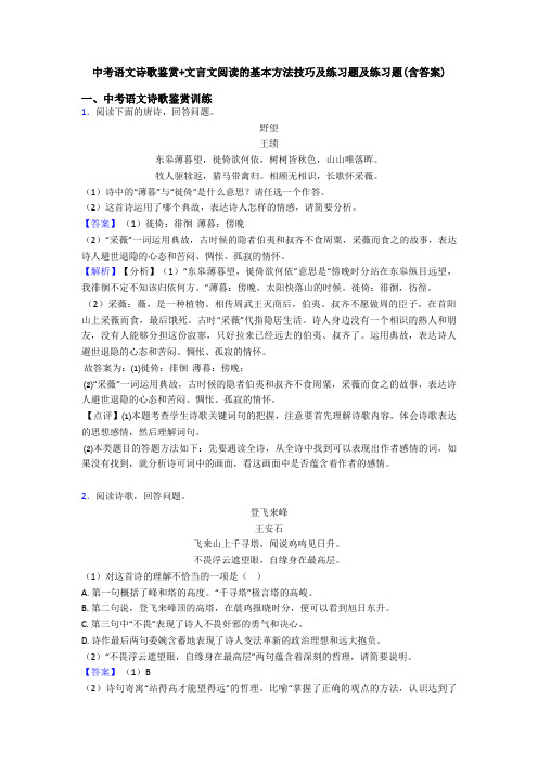 中考语文诗歌鉴赏+文言文阅读的基本方法技巧及练习题及练习题(含答案)