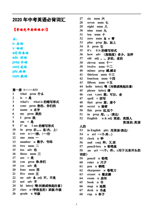 2020中考必考必备英语词汇表