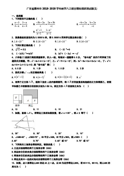 广东省惠州市2019-2020学年数学八上期末模拟调研测试题(1)