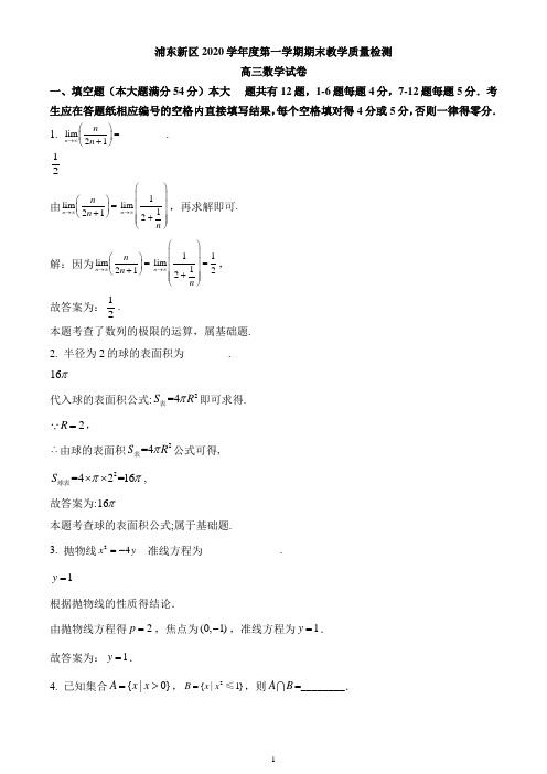 上海市浦东新区2021届高三上学期一模数学试题