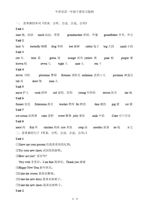 牛津英语一年级下册复习提纲