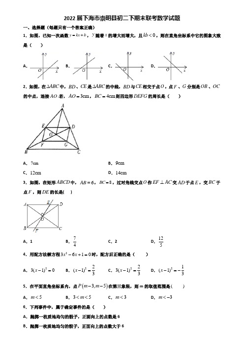 2022届下海市崇明县初二下期末联考数学试题含解析