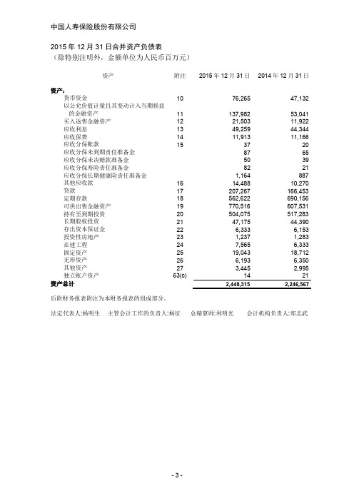 2015年财务报表中国人寿介绍