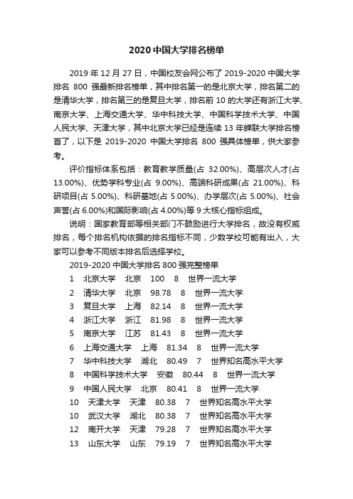 2020中国大学排名榜单