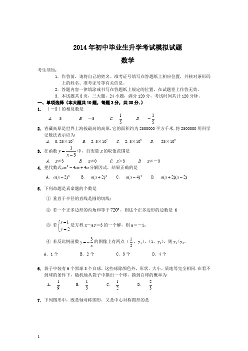 2014年九年级数学中考适应全真模拟试卷及答案