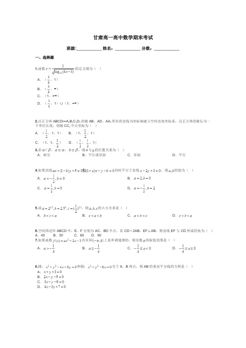 甘肃高一高中数学期末考试带答案解析
