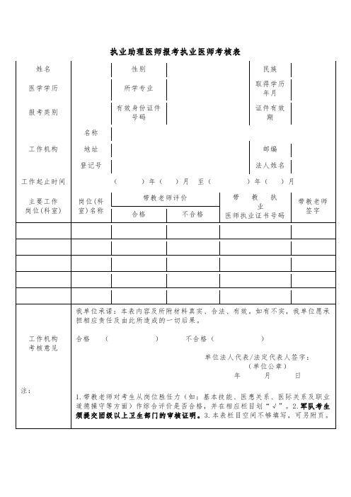 执业助理医师报考执业医师考核表