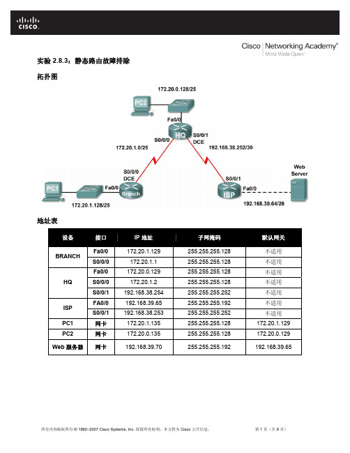 实验 2.8.3：静态路由故障排除