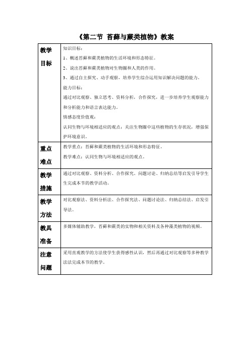 鲁科版生物六年级下册 第三单元第一章《第二节 苔藓与蕨类植物》教案