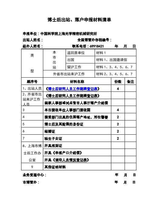 博士后进站、落户申报材料清单-CAS