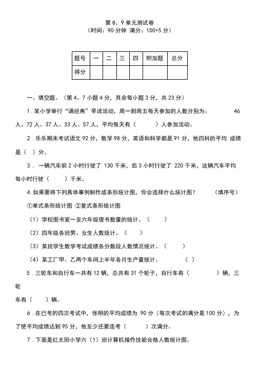 人教版四年级数学下学期第8、9单元测试题(含答案)