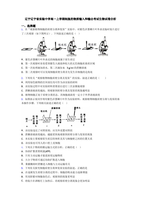 辽宁辽宁省实验中学高一上学期细胞的物质输入和输出考试生物试卷分析