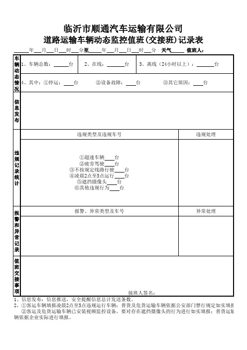 道路运输车辆动态监控值班交班记录表(全行业通用)