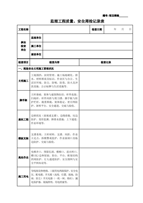 监理工程质量、安全周检记录表(房屋建筑工程)