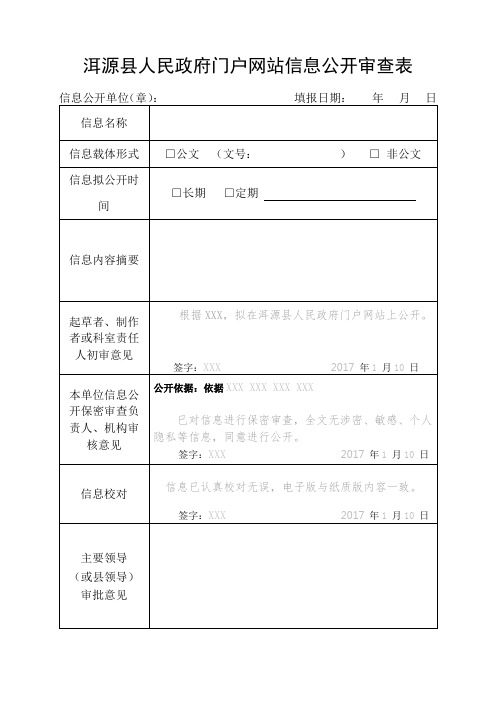 洱源县人民政府门户网站信息公开审查表【模板】