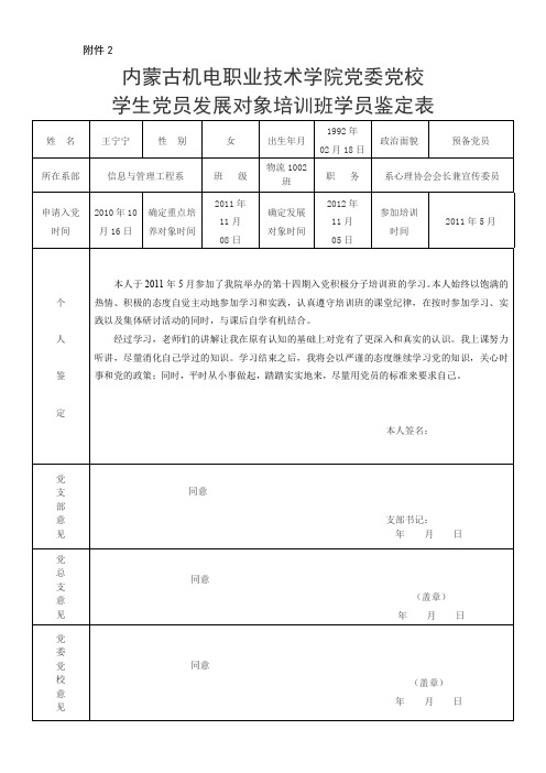 学生党员发展对象培训班学员鉴定表(1)