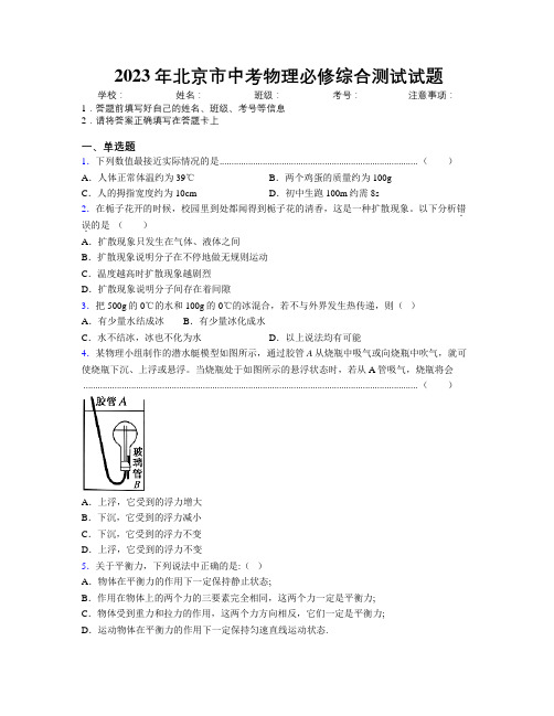 2023年北京市中考物理必修综合测试试题附解析