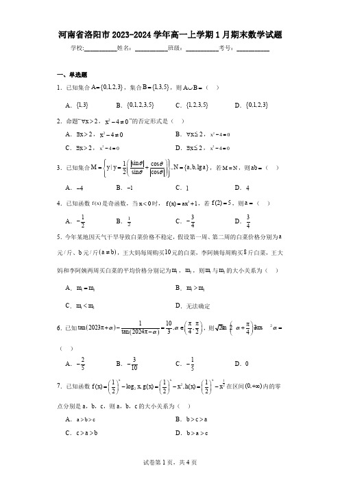 河南省洛阳市2023-2024学年高一上学期1月期末数学试题