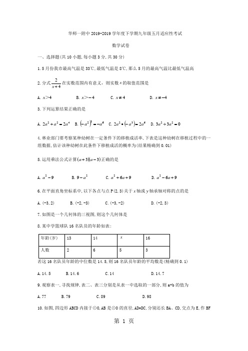 湖北省武汉市华师一附中九年级下5月适应性考试数学试题(无答案)