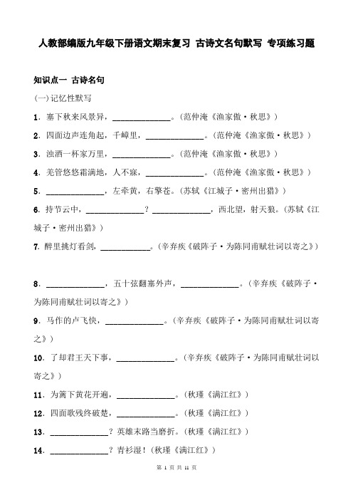 人教部编版九年级下册语文期末复习 古诗文名句默写 专项练习题(含答案)