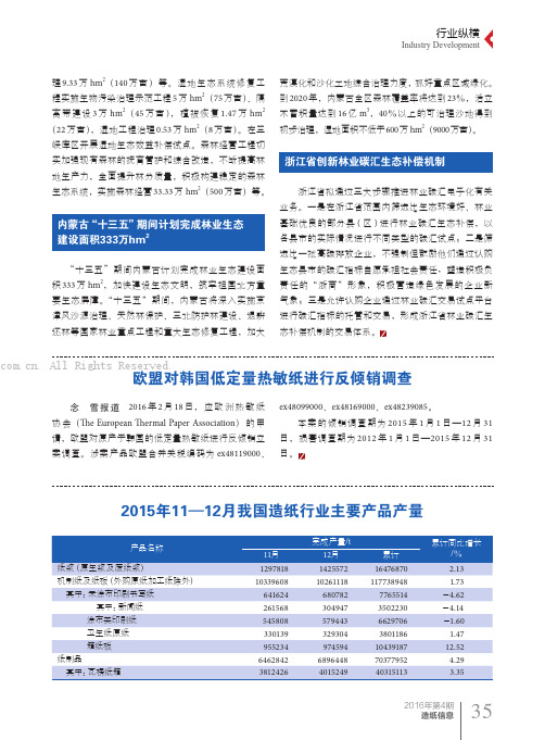 2015年11—12月我国造纸行业主要产品产量