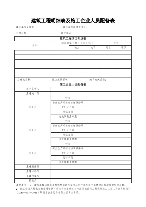 建筑工程明细表及施工企业人员配备表