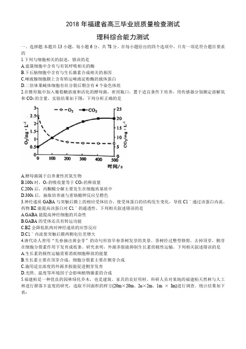 福建省2018年质检理科综合