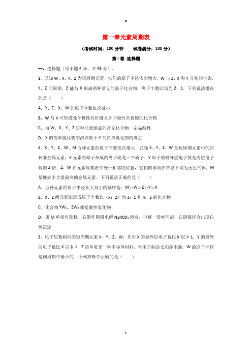 高三化学一轮复习 第一章 元素周期表单元测试试题(必修2)